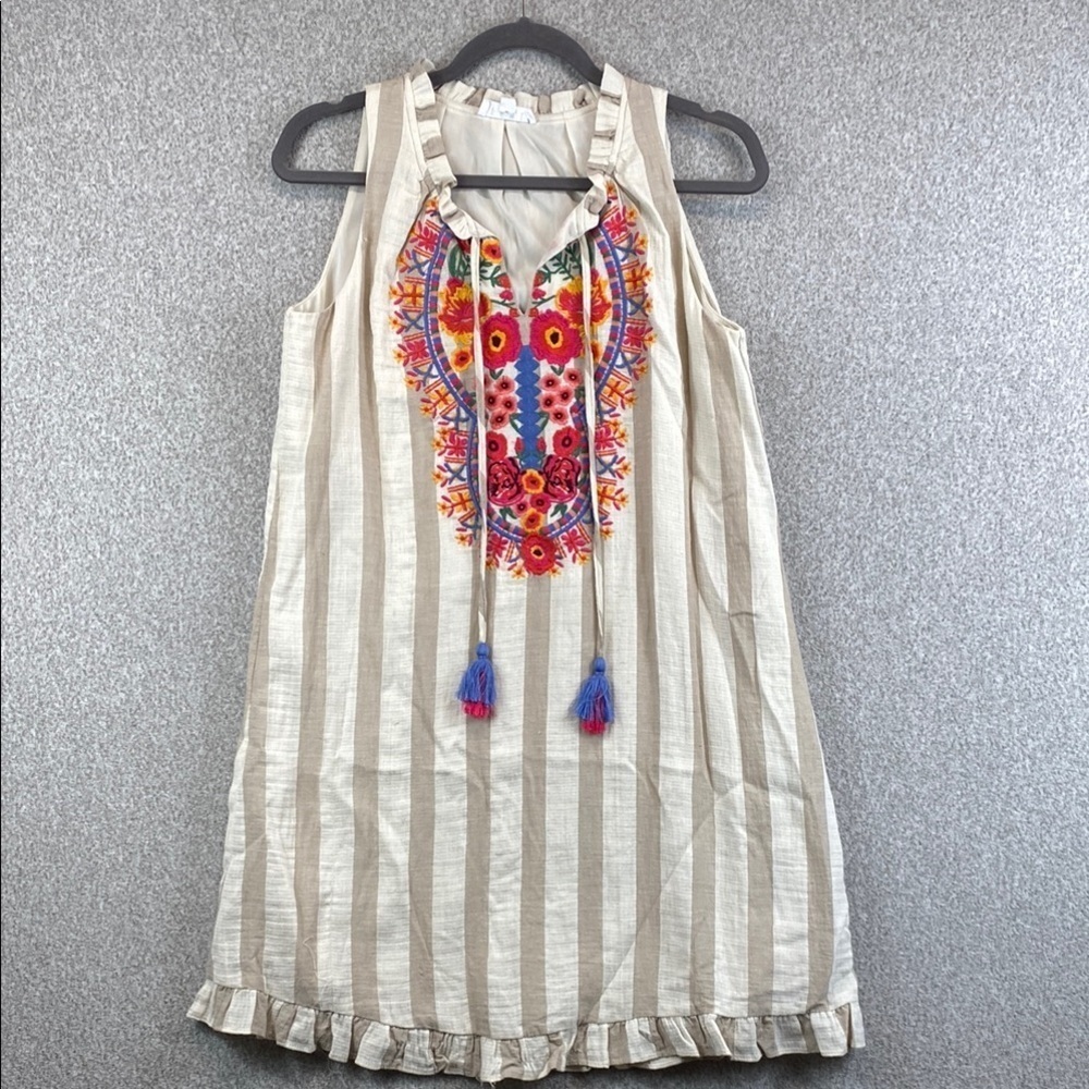 THML sleeveless tunic midi dress boho embroidered neckline tassel ties stripe M